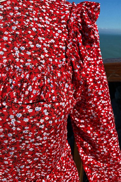 Berna Çiçekli Elbise Kırmızı