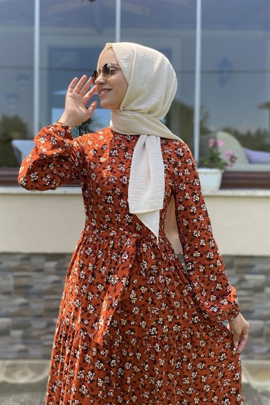 Afife Kiremit Yaprak Desenli Elbise | ELBİSE