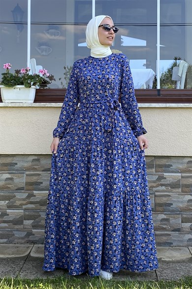 Afife Mavi Yaprak Desenli Elbise | ELBİSE