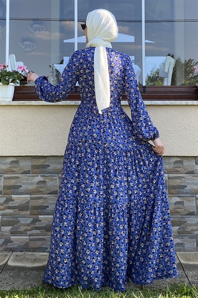 Afife Mavi Yaprak Desenli Elbise | ELBİSE